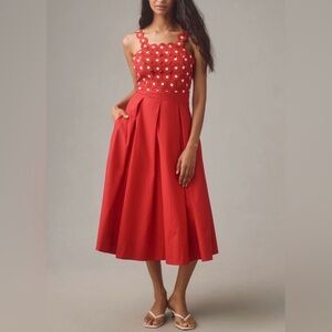Anthropologie Maeve 100% Cotton Crochet Halter Poplin Midi Dress Red Sz 4 Retro